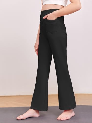 Haloumoning Girl's Flare Pants Kids High Waisted Button Multiple Pockets Yoga Bootcut Pants Full Length Bell Bottoms Black