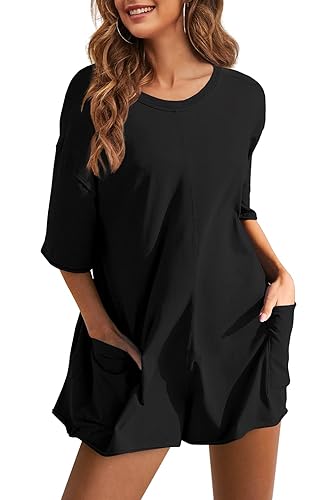 Yeokou Rompers for Women Casual Short Sleeve Oversized Athletic Workout Reversible Hot Shot Tee Romper Deep Pockets(Black-S)