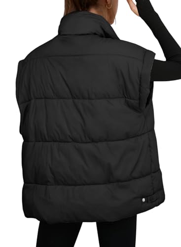 ReachMe Womens Oversized Puffer Vests Stand Collar Puffy Vest Tops Cap Sleeve Quilted Jacket Winter Coats with Pockets (Black,S)