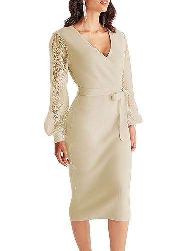 MEROKEETY Womens V Neck Lace Long Sleeve Sweater Dress Sexy Wrap Knit Bodycon Midi Dresses with Belt, White, Medium