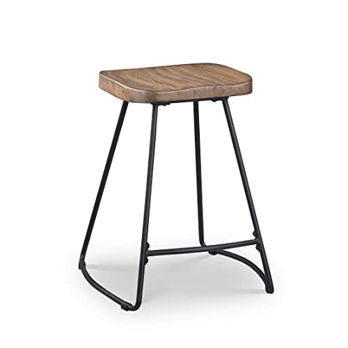 JUBILOOM Bar Stools, 24 Inch Kitchen Counter Height Stools with Metal Leg, Bar Chairs with Wood Saddle Seat, Industrial Backless Stools for Kitchen Island, Dark Brown Seat, Black Metal, 624PBR1