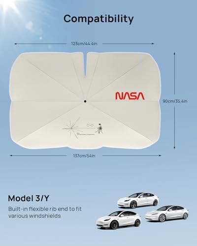 HALOBLK Reinforced Triple-Coated Windshield Sunshade Umbrella of The NASA Voyager-2 Mission Edition Designed for Tesla Model Y Model 3 & Most of SUVs