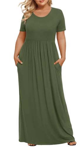 LONGYUAN Maxi Dress for Plus Size Women Casual Short Sleeve Summer Beach Sundress with Pockets Fl, XXL