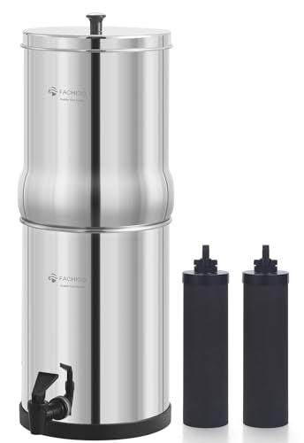 FACHIOO 1.5G Stainless Steel Gravity-Fed Water Filter System with 2 Black Purification Filter and Metal Spigot, NSF/ANSI 42 Certification, Reduces up to 99% of Chlorine, for Home, Camping, Outdoor