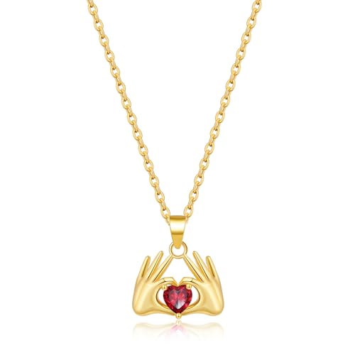 O.SECERT Birthstone Necklace for Women,18K Gold Heart Pendant Necklace Dainty Hand Heart Birthstone Necklace February Heart Birthstone Necklaces Jewelry for Women Trendy