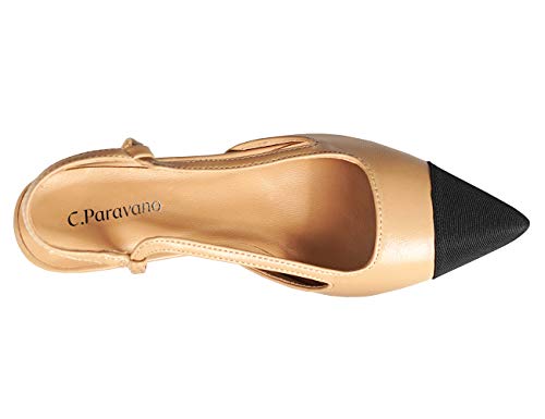C.Paravano Women's Slingback Pumps | Pointed Toe Kitten Heels | Closed Leather Heeled Sandal | Wedding Dress Pumps Shoes (Size 11,Beige Heels)