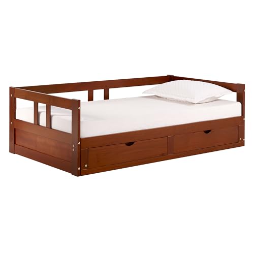 Alaterre Furniture Melody Extendable Daybed Frame with Trundle and Storage Drawers, Brazilian Pine Wood King-Size Bed for Kids Bedroom Furniture, 200 Pound Capacity, Multiple Finish Options