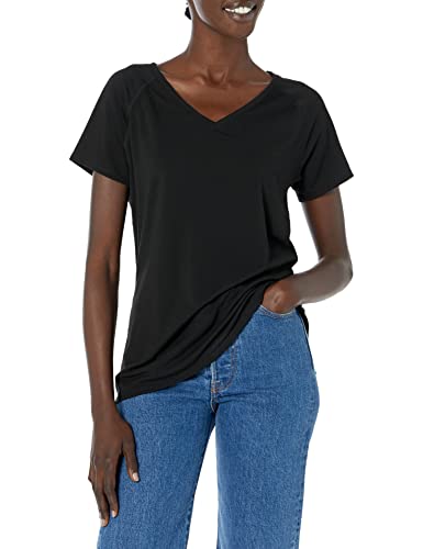 Amazon Essentials Women's Studio Relaxed-Fit Short-Sleeve Lightweight V-Neck T-Shirt, Black, X-Small