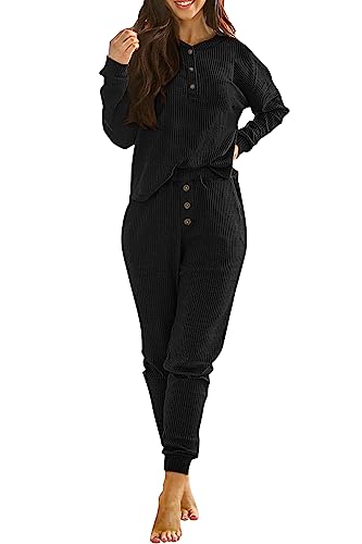 PRETTYGARDEN Women's 2 Piece Waffle Knit Lounge Outfit Long Sleeve Henley Top and Sweatpants Set Tracksuit (Black,Small)