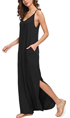GRECERELLE Women's Summer Casual Loose Dress Spaghetti Strap Beach Cover Up Long Cami Polka Dot Casual Maxi Dress with Pocket Gypsophila Black Small