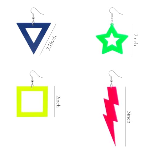 NEWITIN 12 Pairs 80s 90s Neon Earrings for Women Long Lightning Earrings Retro Acrylic Drop Dangle Earrings Star Circular Jewelry Lightning Drop Earrings for 80s 90s Party