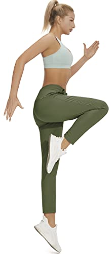 PERSIT Womens Joggers Pants with Pockets, Workout Lightweight Quick-Dry Running Athletic High Waisted Tapered Casual Hiking Pants - Army Green - XS