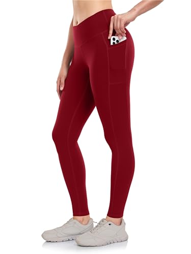 IBL Women's Thermal Leggings Compression Pants with Pockets Matte Finish Moisture Wicking 27 ins Wine Red Small