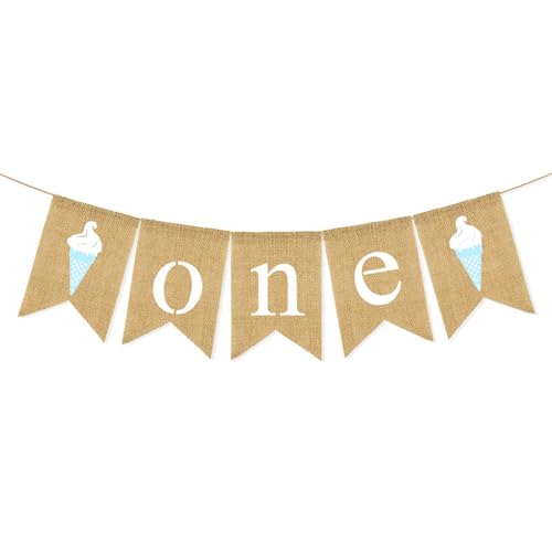 Sweet One Banner, Ice Cream First Birthday Banner,Baby Shower Burlap Banner Decoration,1st Birthday Party Decorations (Candy Blue Ice Cream)