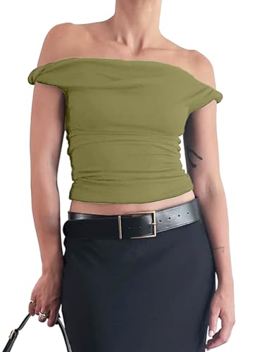 Tankaneo Womens Off The Shoulder Top Sleeveless Slim Fit Stretchy Tank Top Y2k Casual T Shirts Army Green