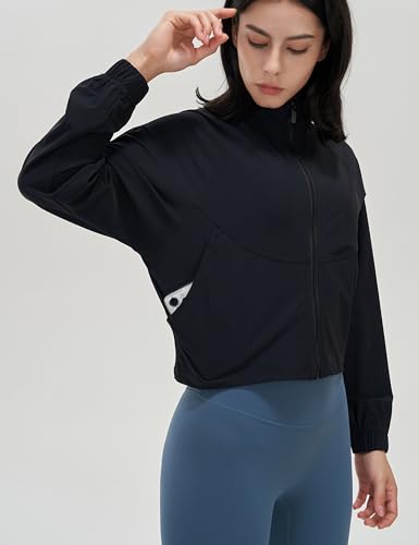 UANEO Womens Athletic Cropped Jacket Zip Up Long Sleeve Workout Tops Gym Yoga Running Sports Shirts Jackets(Black-XS)