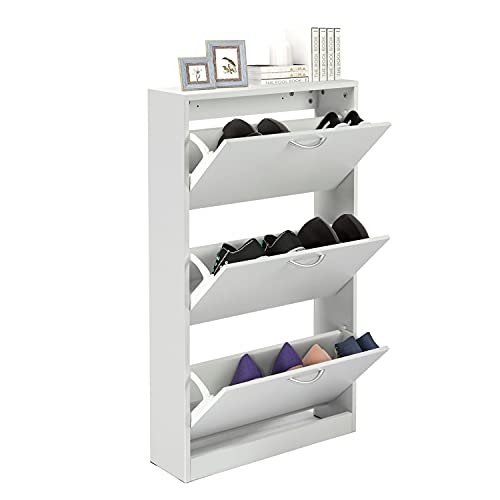 HOPUBUY Shoe Cabinet for Entryway, Narrow Shoe Storage Cabinet, Hidden Rattan Shoe Cabinet Wood 3 Tier Slim Shoe Rack for Home and Apartment, Nature