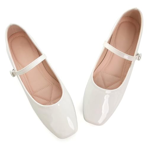 LUXINYU Mary Jane Shoes for Women Leather Flats Square Toe Adjustable Ankle Strap Ballet Dance Shoes Comfortable School Uniform Shoes,Silver 7