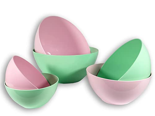 Plastic Bowls for Serving and Mixing - 6 PCs - Reusable Snack Cereal Salad Bowl - Microwaveable and Dishwasher Safe Small Nesting Chip Camping Outdoor - Pink/Green