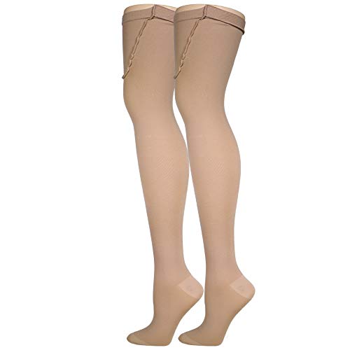 Truform Surgical Stockings, 18 mmHg Compression for Men and Women, Thigh High Length, Open Toe, Beige, Small