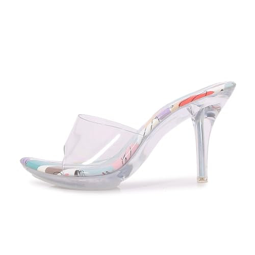 MAIERNISI JESSI Clear Heels for Women Sandals Transparent Sexy Stilletos Heels Slip on Wedding Dress Heel Mules Pattern Print Blue 36 - US 6