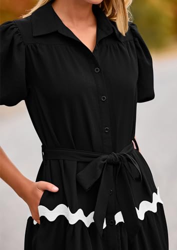 PRETTYGARDEN Women's Summer Maxi Dress Button Down Puff Short Sleeve Ruffle Casual Elegant Long Flowy Shirt Dresses with Belt (Black,Small)