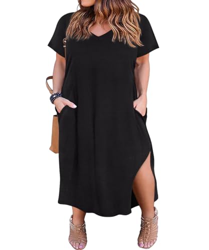 RITERA Plus Size Dresses for Women V Neck Casual Loose Pocket Short Sleeve Slits Long Maxi T Shirt Dress for Women Swing Maxi Dress USA Flag Independent Day Summer 2024 XL 14W 16W