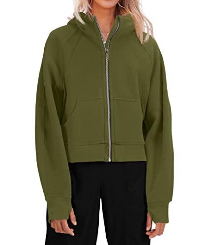 Fisoew Womens Zip Up Sweatshirts Fleece Lined Collar Crop Hoodie Casual Cotton Long Sleeve Tops with Thumb Hole