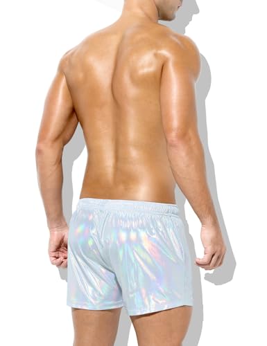 Casey Kevin Men's Holographic Metallic Short Sparkly Shiny Short Pants Rave Outfit Hot Shorts with Pockets and Drawstrings (A1-Sliver,Small)