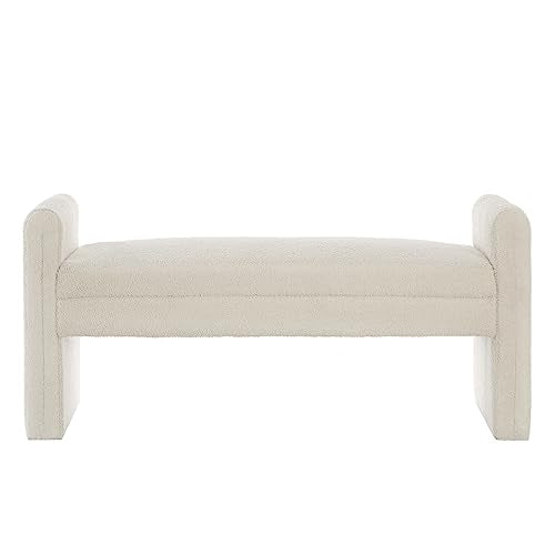 24KF Modern Boucle Teddy Lovely Bench, Upholstered Bed Bench Entryway Bench Ottoman with Armrest -Black
