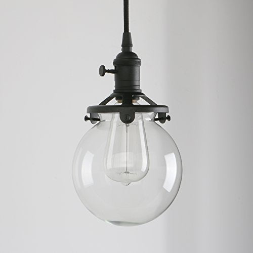PERMO Vintage Rustic Industrial 3-Lights Kitchen Island Chandelier Triple 3 Heads Pendant Hanging Ceiling Lighting Fixture with Mini 5.9" Round Clear Glass Globe Shade (Black)