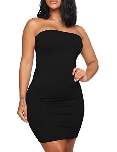 Mokoru Women's Casual Basic Bodycon Tube Top Sexy Strapless Club Party Mini Dress, Small, Black