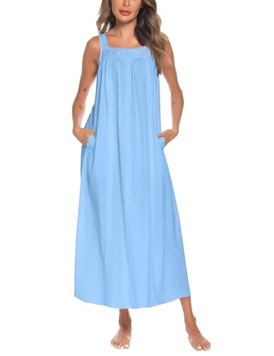 YOZLY Cotton Nightgowns for Women Embroidery Sleeveless Night Gown with Pockets S-3XL, Green Long Sleeve, Small