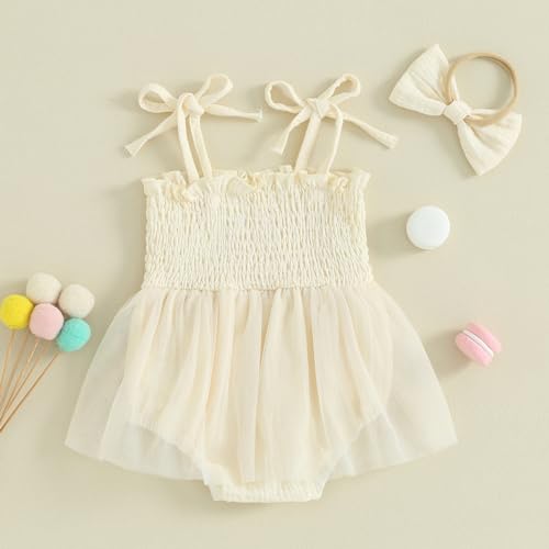 Kaipiclos Newborn Baby Girl Lace Romper Dress Sleeveless Embroidery Birthday Summer Outfit Cotton Cute Bodysuit with Headband (Beige, 0-3 Months)