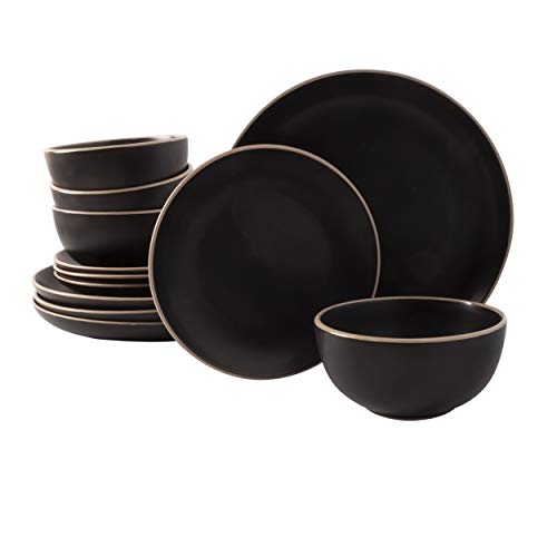 Gibson Home Rockaway Round Stoneware Dinnerware Sets, Service for 4 (12pcs), Black