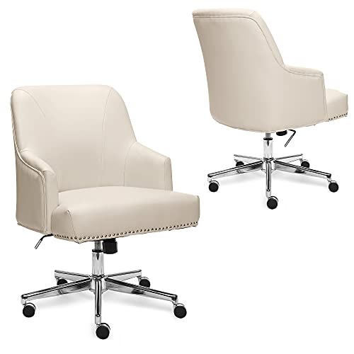 Serta Leighton Home Office Chair with Memory Foam, Height-Adjustable Desk Accent Chair with Chrome-Finished Stainless-Steel Base, Bonded Leather, Cream White