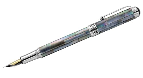 Xezo Maestro Fountain Pen, Medium Nib. Handcrafted with Black Mother of Pearl Inlay. Platinum Plated. Limited Edition, Serialized. No Two Alike