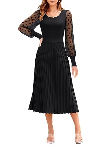 MIHOLL Women's Casual Sweater Dresses Ribbed Pleated A-Line Dress Puff Sleeve Midi Dress(Carmel,Medium)