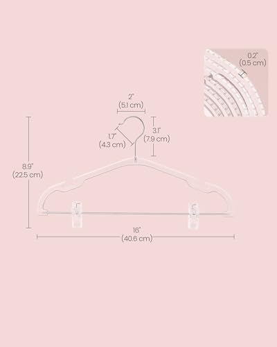 SONGMICS Pants Hangers 20 Pack, Clear Plastic Hangers, 16 x 8.9 Inches, Skirt Hangers with Adjustable Clips, Wide Shoulder Notches, 360° Swivel Hook, for Pants, Skirts, Dresses, Clear UCRP070W01