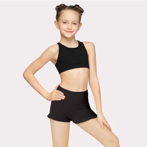 Peninpha Girls Athletic Ruffle Shorts High Waisted Spandex Shorts Stretch Youth Gymnastics Yoga Dance Shorts for Kid Age 5-14 Black