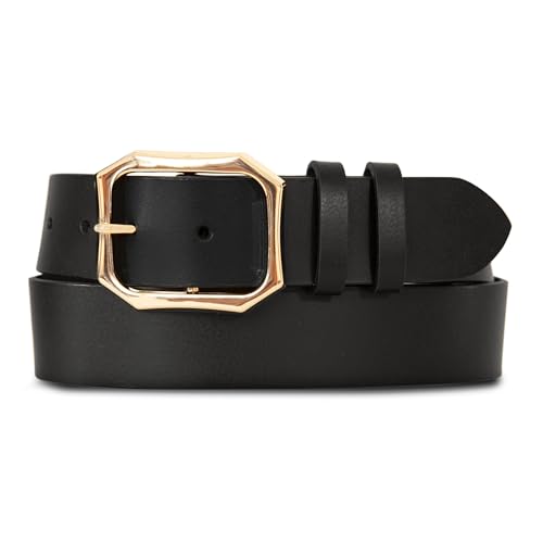 Lucky Brand Women Leather Bold Fashion Statement Belts, Sculpted Center Bar Buckle-Black, Small, S (26-27")