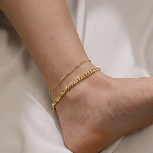 RLMOON Ankle Bracelets for Women Gold Anklets Waterproof Layered Dainty 14K Gold Plated Cuban Link Anklet Satellite Bead Chain Anklets Set Boho Summer Beach Foot Jewelry