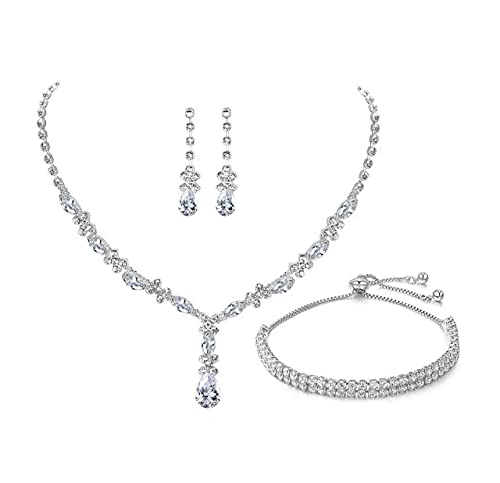 UDYLGOON Bride Rhinestone Crystal Earrings Necklace Jewelry Set for Bridesmaid Bride Wedding Costume Prom (Black)