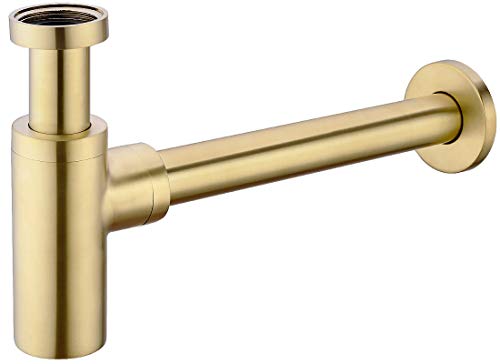 TRUSTMI Bottle Trap, Brass Decorative 1 1/4 Bathroom Sink P Trap, Large Body Round Lavatory Waste Drain Kit, Brushed Gold