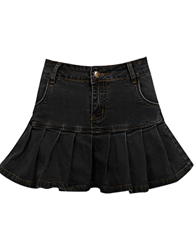 Tanming Women's Pleated Jean Skirt Casual A-Line Ruffle Y2K Mini Denim Skirt (Black-XS)