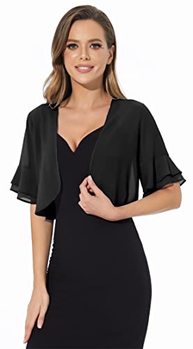 Women Shrug Soft Chiffon Open Front Sheer 3/4 Sleeve Bolero Cardigan for Evening Dress(Black,S)
