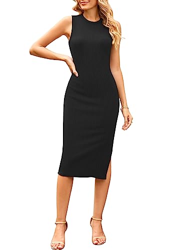 Pink Queen Tank Dress for Women Crew Neck Sleeveless Bodycon Side Slit Ribbed Knit Party Midi Dresses Black S