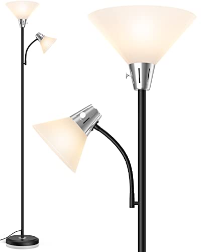 LEPOWER Floor Lamp, Standing Lamp with Replaceable 3000K Energy-Saving LED Bulbs,9W Lamp for Living Room with 5W Adjustable Reading Light, Modern Bright Floor Lamp for Bedroom, Living Room, Office