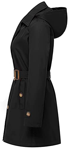 Chrisuno Trench Coats for Women Women's Windproof Waterproof Long Coat Classic Double Breasted Lapel Belt with Removable Hood Black Velvet Lined S