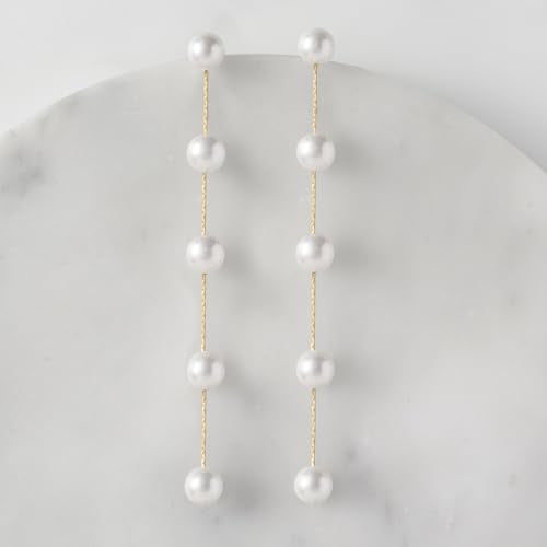 SWEETV 14K Gold Plated Long Pearl Drop Dangle Earrings for Women, Tassel Chain Baroque Pearl Wedding Bridal Earrings for Brides Bridesmaids, Prom Jewelry Gifts